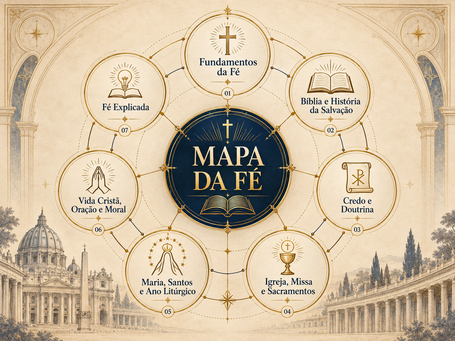 Mapa visual que conecta as sete áreas da fé católica